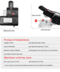 Dimensions and specifications of 110V Mini Cut Off Chop Saw For Wood And Plastics, Tiny Table Miter Saw Tool with 12mm Cutting Depth.