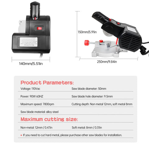 Dimensions and specifications of 110V Mini Cut Off Chop Saw For Wood And Plastics, Tiny Table Miter Saw Tool with 12mm Cutting Depth.