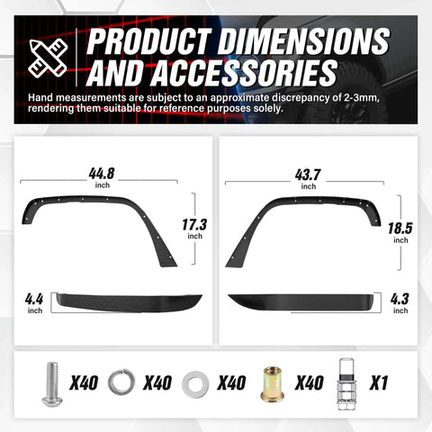 Dimensions and accessories for 4 Piece Flat Style Fender Flares Kit For Jeep Wrangler JK JKU Unlimited 2007 To 2018.