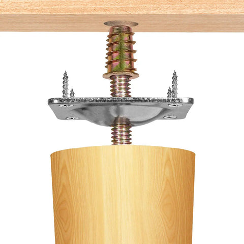 Industrial Strength Furniture Leg Mounting Plates Two By Two Inch T Plate Five Sixteenth Inch Threaded M8 with hanger bolts and screws attached to wooden leg