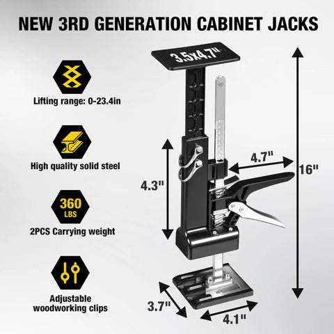 Yellow Jacket 2 Pack Cabinet Jacks For Drywall And Shiplap Installation showing dimensions and features, heavy duty steel, adjustable height.