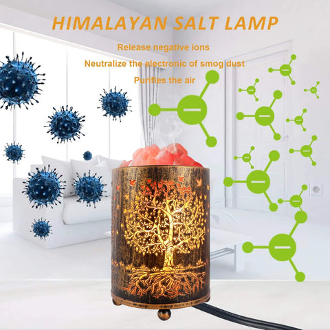 Himalayan Salt Rock Lamp With Dimmer Tree of Life Salt Basket Desk Light in room with ion release and air purification visuals.