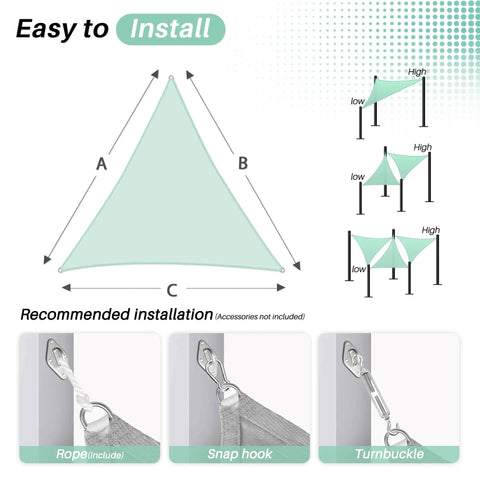 Diagram showing installation of Triangle Shade Sail 6 Ft By 6 Ft By 6 Ft Built To Last Outdoor UV Blocking Sun Shade Canopy with HDPE fabric.