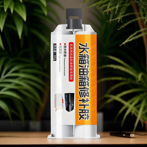 Go To Fix For Radiator Leaks Heavy Duty 50ml High Temp Adhesive And Instant Bond Sealant bottle on a table with plants