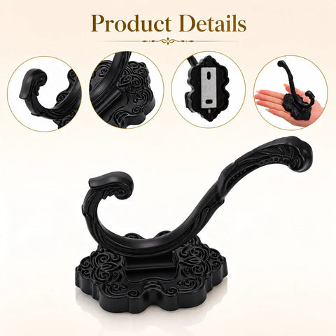 Solid Build Vintage Black Wall Hooks Heavy Duty Coat And Towel Rack Four Pack showing intricate design and sturdy base for heavy loads.