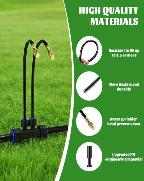 66Ft Drip Irrigation System With 40 Nozzles For Lawn And Raised Bed Automatic Garden Watering Kit dual head shown on grass