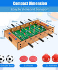 2 In 1 Swivel Mini Game Table Top Wood Foosball And Slide Hockey Combo with dimensions and accessories for easy play.