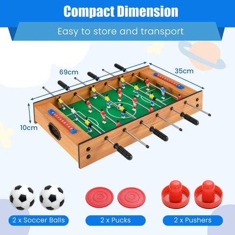 2 In 1 Swivel Mini Game Table Top Wood Foosball And Slide Hockey Combo with dimensions and accessories for easy play.