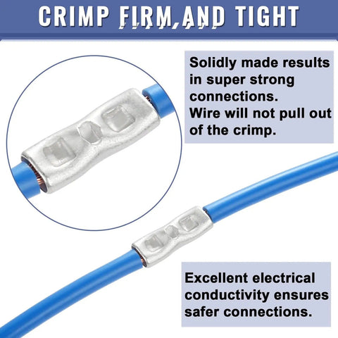Beefy 460 Piece Non Insulated Butt Connectors Kit For 24 To 8 Gauge Wire showing crimped connection on blue wire