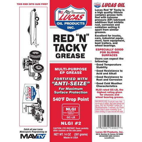 Red N Tacky Red Lithium Grease 14 Oz Cartridge NLGI 2 packaging for heavy-duty machines automotive farm equipment