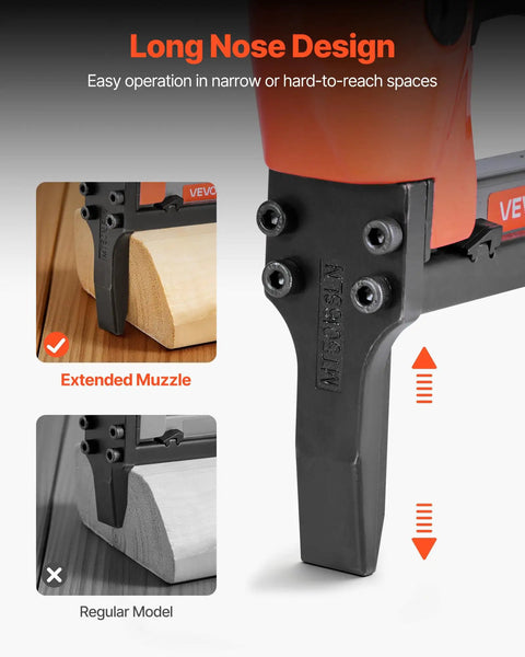 Pro Grade 20 Gauge Pneumatic Staple Gun Featuring A Slick Long Nose with extended muzzle for hard-to-reach areas