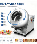 Heavy Duty Candy Coating Machine And Sugar Ball Coater Built Different Stainless Steel Workhorse With Timer Controlled Constant Temperature Dryer For Food And Pharma Lines 110V showcasing 360° rotating drum for even coating.