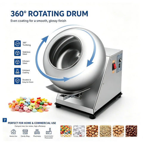 Heavy Duty Candy Coating Machine And Sugar Ball Coater Built Different Stainless Steel Workhorse With Timer Controlled Constant Temperature Dryer For Food And Pharma Lines 110V showcasing 360° rotating drum for even coating.