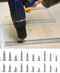 Close-up of a drill inserting a 990 Pcs Self Tapping Screws Assortment Kit In Stainless Steel M3, M4, M5, M6 into wood.