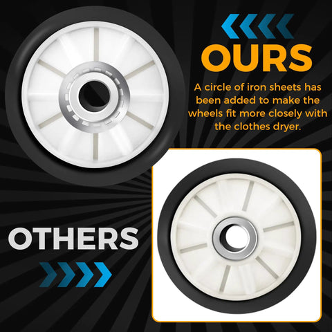 Comparison of dryer drum rollers highlighting All In One Dryer Repair Kit With Upgraded Drum Roller Idler Pulley And Belt For Common Dryers