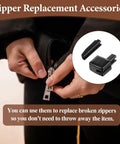 20 Sets Metal Zipper Stopper Repair Kit Size Five Bottom Replacement And Zipper Slider Latch Parts For Jackets Coats DIY Sewing Projects Durable Zinc Alloy Construction, shown with hands fixing a zipper on a jacket.