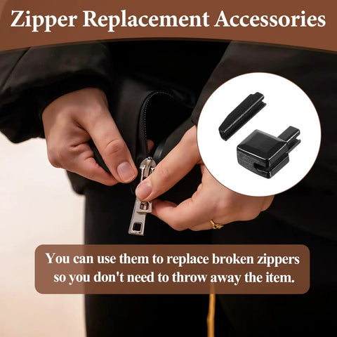 20 Sets Metal Zipper Stopper Repair Kit Size Five Bottom Replacement And Zipper Slider Latch Parts For Jackets Coats DIY Sewing Projects Durable Zinc Alloy Construction, shown with hands fixing a zipper on a jacket.