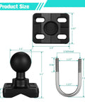 Diagram showing dimensions of Double U Bolt 1.5 Inch Mount Base For Rails 0.75 To 1.21 Inch Diameter Compatible With C Size 1.5 Inch Double Socket Arm.