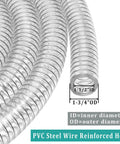 Clear PVC Spiral Steel Reinforced Flexible Hose 1.5 Inch ID, close-up showing spiral steel reinforcement and dimensions.