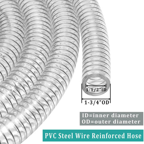 Clear PVC Spiral Steel Reinforced Flexible Hose 1.5 Inch ID, close-up showing spiral steel reinforcement and dimensions.