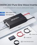 Beefy 2000W 24V Pure Sine Wave Inverter with remote control, dual AC outputs, and cables, designed for RVs and camping gear.