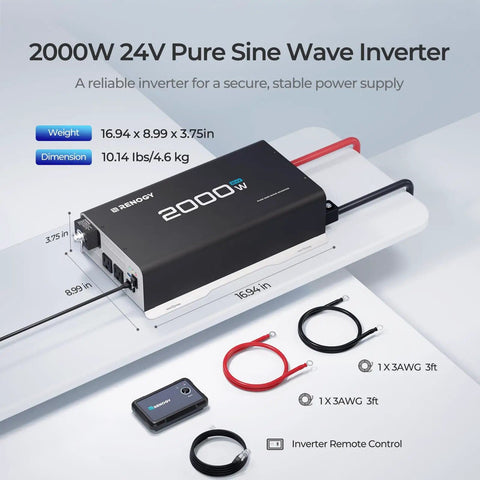 Beefy 2000W 24V Pure Sine Wave Inverter with remote control, dual AC outputs, and cables, designed for RVs and camping gear.