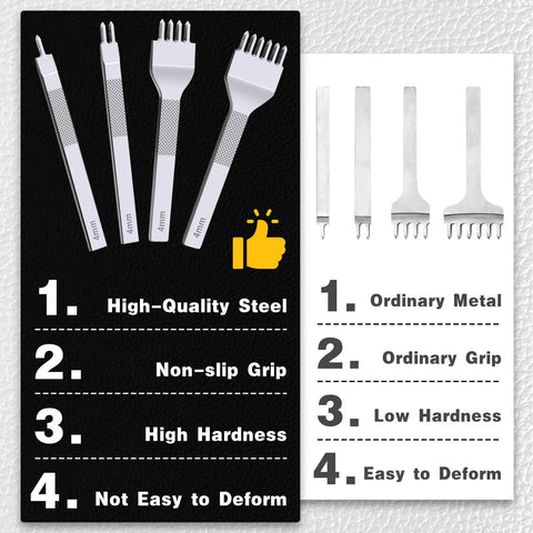 Comparison of high-quality steel prong punches in All In One Pro Grade Leather Stitching Hole Punch Tool Set versus ordinary metal punches.
