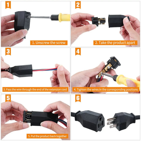 Steps to install 20 Piece Extension Cord Plug Replacement Ends Kit With 10 Male And 10 Female Connectors For NEMA 5-15P 5-15R.
