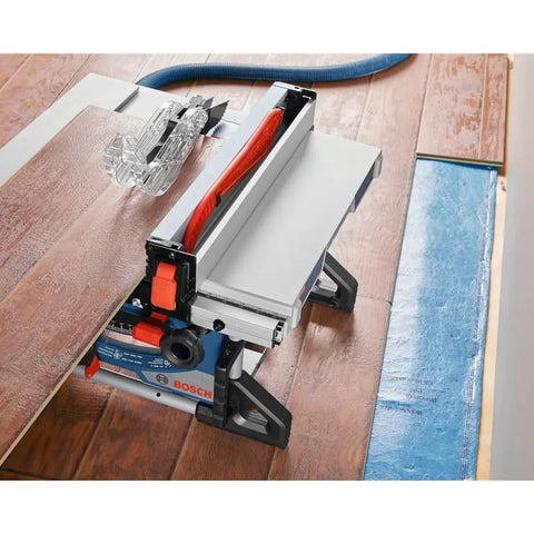 Heavy Hitter 18v Portable Table Saw 8 1/4 Inch Blade Bare Tool with cutting wood on worksite floor.