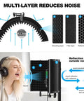 Top Shelf Microphone Isolation Shield With Snap Fit Pop Filter Kicks Room Noise Under The Bus Using Thicker Insulating Foam showing layers and setup.