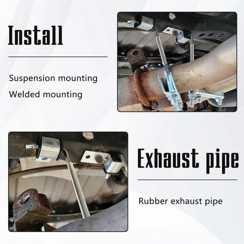 Four Pack Heavy Duty Exhaust Hanger Rods Universal Fit Three Eighths Inch Diameter Ten Inch Length Automotive Exhaust Suspension Hardware Durable Steel Rods for Firm Exhaust System Support shown installed.