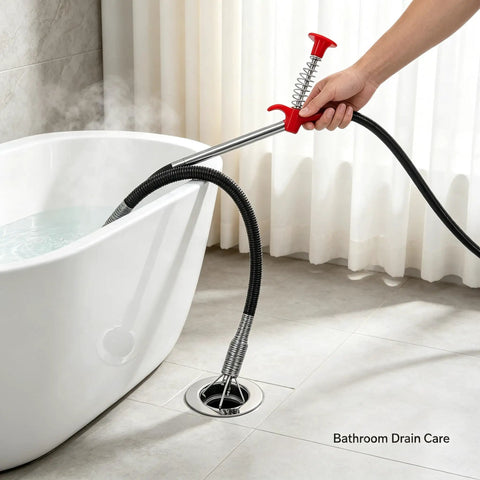 Heavy Duty Flexible Drain Clog Buster With 63 Inch Spring Steel Plumbing Snake near bathtub drain for hair gunk removal.