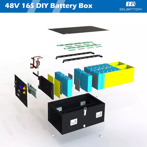 48V 16S DIY Battery Box exploded view showcasing components for Kickstart Your Homestead Setup With This Rugged 48V 16S Lifepo4 Server Rack Battery Box Housing A Built In 150A Bluetooth Bms Perfect For Diy Rv Solar And Backup Power Projects.