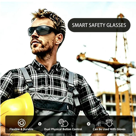 Bluetooth Safety Glasses With Photochromic Lenses And Crisp Clear Audio For The Daily Grind Rechargeable Led Work Eyewear With Twenty Hour Battery Life Tr90 Frame Ansi Certified Smart Audio Sunglasses Built Different worn by a man on a construction site.