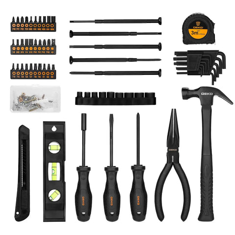 Ultimate 148 Piece Home Repair Tool Kit Set With Durable Chrome Finished Alloy Steel Tools shown with hammer and pliers