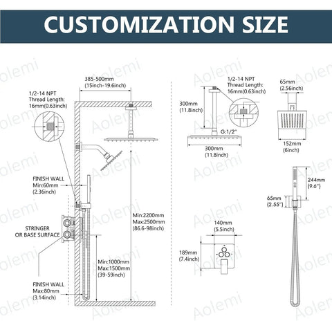 Customization size schematic for Shower Faucet Set Ceiling Mount System With Dope Dual 12 Inch And 6 Inch Shower Heads 2 In 1 Handheld Spray
