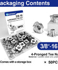50 Pack Three Eighth Inch 16 T Nuts For Wood Zinc Plated Carbon Steel Four Prong Tee Inserts in storage box.