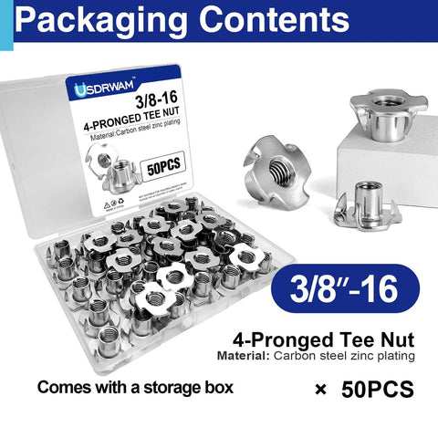 50 Pack Three Eighth Inch 16 T Nuts For Wood Zinc Plated Carbon Steel Four Prong Tee Inserts in storage box.