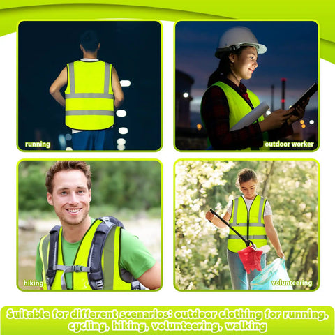 Heavy Duty Reflective Safety Vests Twenty Pack Zippered Mesh Top With Deep Pockets For The Daily Grind And Road Crews worn by runners, outdoor workers, hikers, and volunteers.