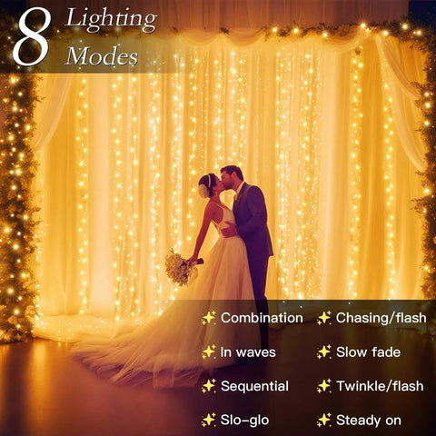 200 LED Curtain String Lights 9.8 By 6.6 Feet Plug In Fairy Lights With Timer 8 Modes Waterproof For Wedding Decor