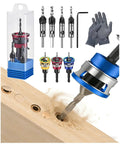 Top Tier 4 Piece Counterbore Drill Set With Adjustable Depth Stop Collar For Wood And Metal Projects featuring various bits and drilling in wood.