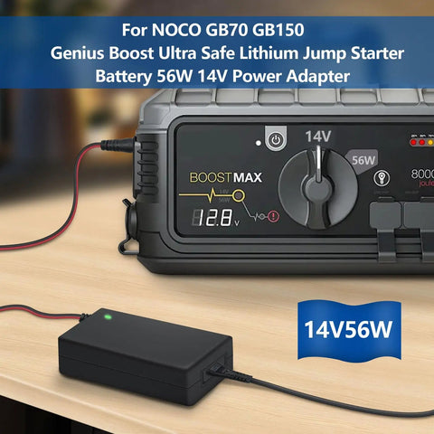 High Performance Replacement Fast Charger For Noco Boost Jump Starters GB70 GB150 GB250 Plus 14V 4A 56W XGC4 Power Adapter on table.