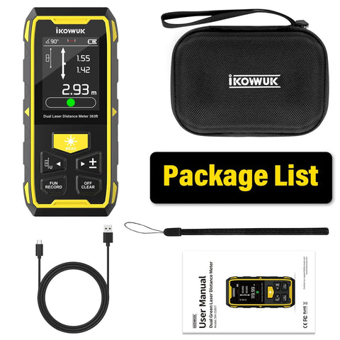 Dual Laser Measuring Tool With Green Bilateral Laser, 393ft Range, Rechargeable Digital Laser Measure, Backlit LCD Display, Angle Sensor, Six Unit Modes, Multiple Measurement Functions For Fast, Accurate Distances. with case, cable, manual