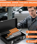 Expandable Magnetic Plier Organizer With 0.51 0.71 And 0.87 Inch Slots in black toolbox, garage setting with mechanic.