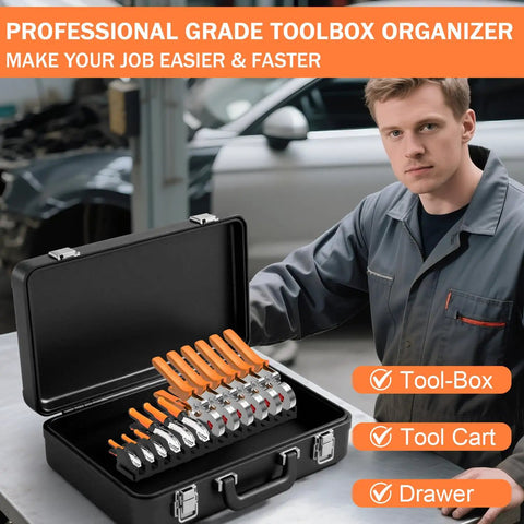 Expandable Magnetic Plier Organizer With 0.51 0.71 And 0.87 Inch Slots in black toolbox, garage setting with mechanic.