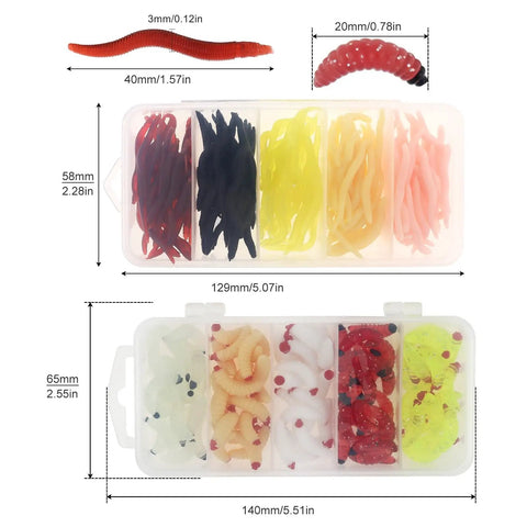 250 Piece Soft Plastic Fishing Worms Lures Set in case, showing sizes and colors for freshwater fishing use
