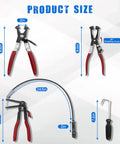 4 Piece Long Reach Hose Clamp Pliers Tool Set With Premium Hard Case For Automotive Radiator Hose Clamp Remover Flexible Wire Pliers Designed For Coolant Heater And Water Hose Maintenance And Repairs, showing tool sizes and dimensions
