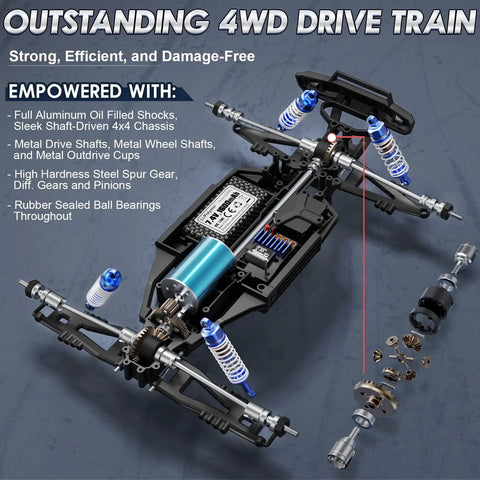 Off Road 1 By 12 Scale Brushless RC Monster Truck chassis showing aluminum shocks and metal drive system