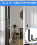 Heavy Duty Weld On Barrel Hinge Set Of 4 For Metal Swing Doors, shown in a room setting and close-up view of carbon steel components.