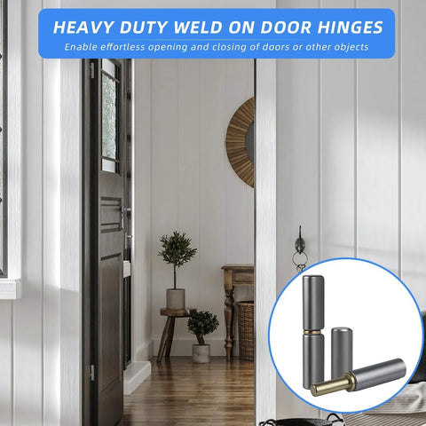 Heavy Duty Weld On Barrel Hinge Set Of 4 For Metal Swing Doors, shown in a room setting and close-up view of carbon steel components.
